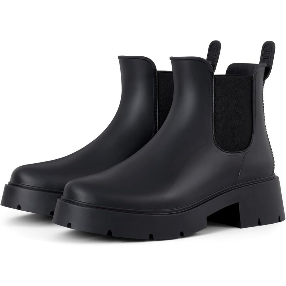 Women's Platform Black Waterproof Chelsea Double Elastic Ankle Rain Boots